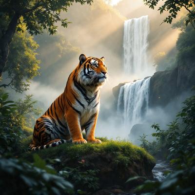 Primary subject: A tiger sitting on a grassy hillside.

Setting/background: The tiger is sitting on a grassy hillside, with a waterfall in the background. The scene is set in a forest, with trees surrounding the area.

Visual style: The image is a digital art illustration.

Colors and mood: The image has a vibrant and lively atmosphere, with the tiger's orange and black fur contrasting against the green grass and the blue-green water